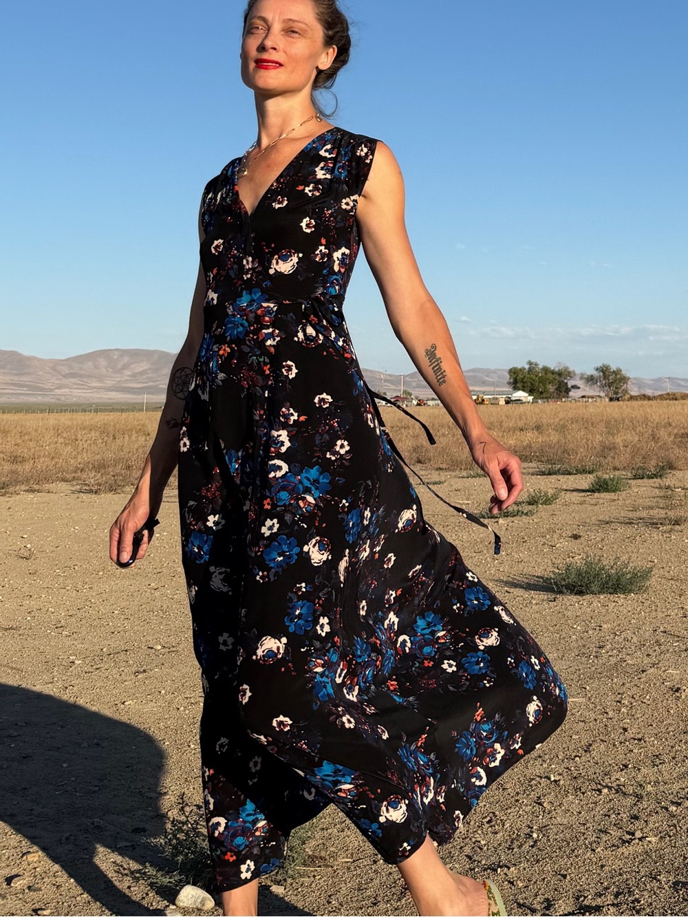 Yumi Kim 100% SILK Black Floral Wrap Maxi Dress with Blue, red & Cream Flowers